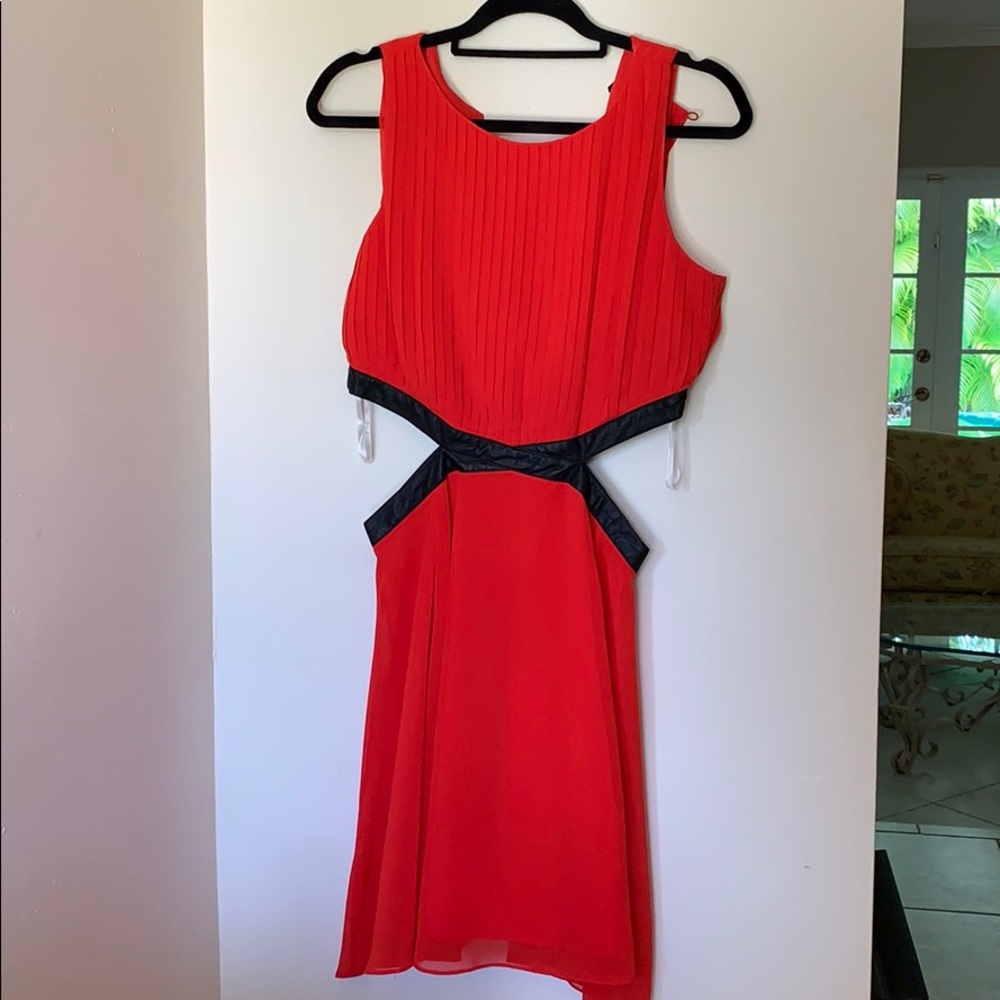 Red and leather cutout dress